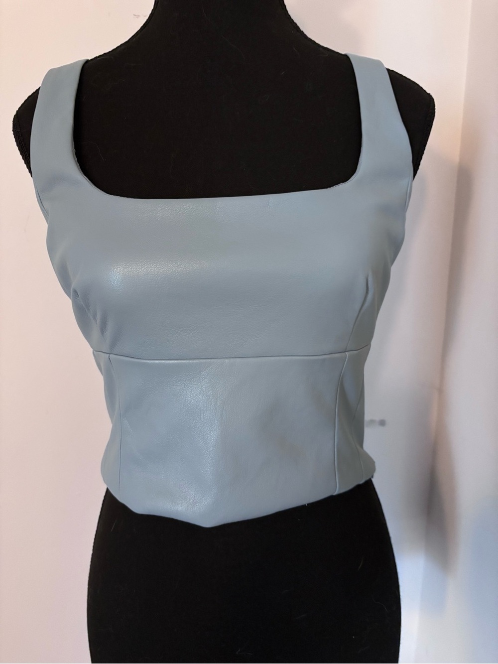 Aritzia Wilfred Square Neck Faux Leather Crop Top in Light Blue